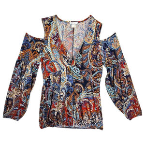 Venus Cold Shoulder Paisley Top Women L Boho Long Sleeve Stretch Blouse